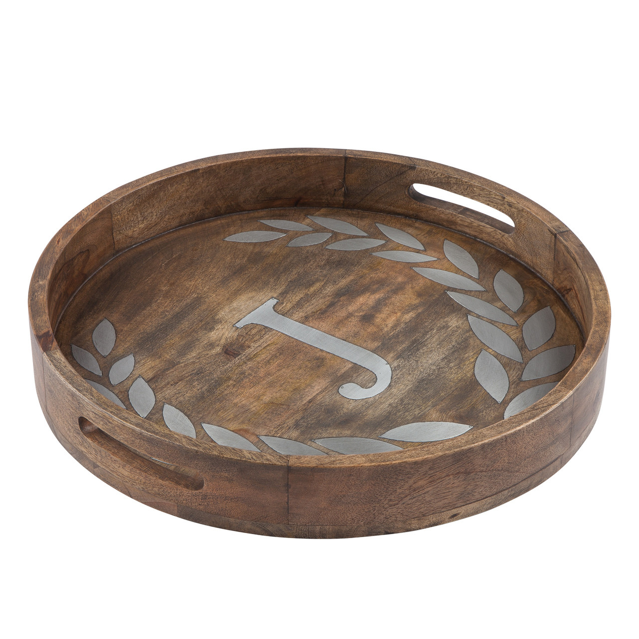 Round Mango Wood Tray with Metal Inlay 