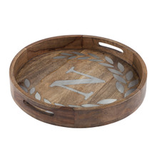 Round Mango Wood Tray with Metal Inlay "N" Monogram, 20"D - GG Heritage Collection