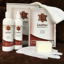 Leather Restoration Co's large boxed total leather care kit contains 500 ml bottles of leather cleaner, and leather protector,  leather cleaning glove, micro-fibre cloth and foam applicator. Can be used on finished or unfinished leather depending on application.