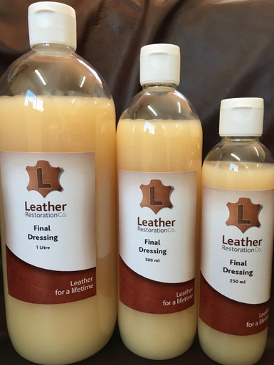 Similar to waxing a car, Leather Restoration Co's final dressing is applied as a last step in the restoration process. This dressing leaves the leather feeling silky smooth with a satin sheen and pleasant leather fragrance.