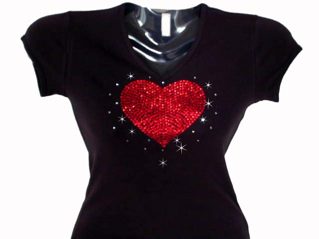 Womens T-Shirt Rhinestone Bling Black Fitted Tee Take me to your heart Owls Love 