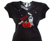 Halloween Ghost, Bats & Pumpkin Swarovski Crystal Rhinestone T Shirt 