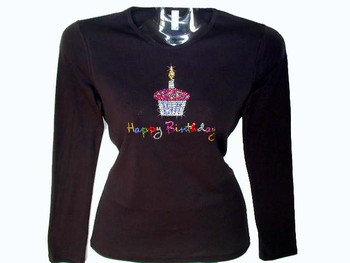 Happy Birthday Cupcake Swarovski Crystal Rhinestone T Shirt 