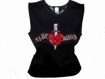 Lady Rider Heart & Dagger Swarovski Crystal Rhinestone Motorcycle T Shirt