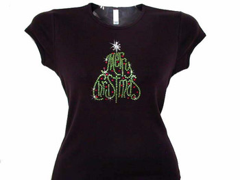 Merry Christmas Tree Swarovski Crystal Rhinestone T Shirt