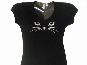 Cat eyes face whiskers sparkly rhinestone t shirt