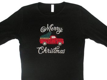 Merry Christmas Tree in Red Truck Swarovski Crystal Ladies T Shirt