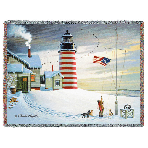 West Quoddy Lighthouse - Charles Wysocki - Blanket Throw Woven from Cotton - Made in the USA (72x54) Tapestry Throw