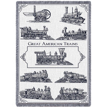 Great American Trains - Cotton Woven Blanket Throw - Made in the USA (70x50) Afghan
