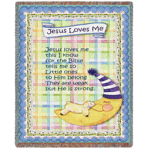 Jesus Loves Me Blue Border Mini Blanket Tapestry Throw