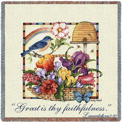 Great Is Thy Faithfulness - Scriptures - Lamentations 3:23 - Lap Square Cotton Woven Blanket Throw - Made in the USA (54x54) Lap Square