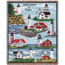 Lighthouses of Maine - Bass Harbor, Cape Elizabeth, Halfway Rock, Sequin, Neddick, West Quoddy, Portland, Pemaquid - Cotton Woven Blanket Throw - Made in the USA (72x54) Tapestry Throw