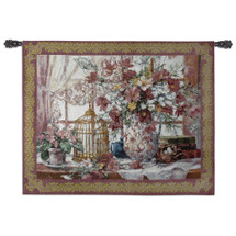Queen Anne's Lace | Woven Tapestry Wall Art Hanging | Pink Gold Flower Centerpiece with Birdcage Victorian Style | 100% Cotton USA Size 53x40 Wall Tapestry