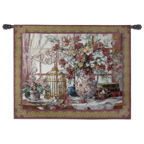 Queen Anne's Lace | Woven Tapestry Wall Art Hanging | Pink Gold Flower Centerpiece with Birdcage Victorian Style | 100% Cotton USA Size 53x40 Wall Tapestry