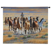 Bringing Them In | Woven Tapestry Wall Art Hanging | Cowboy Herding Wild Stallion Horses Western Equestrian Artwork | 100% Cotton USA Size 34x26 Wall Tapestry