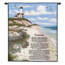 Footprints | Woven Tapestry Wall Art Hanging | Christian Religious Poetry on Coastal Lighthouse Landscape | 100% Cotton USA Size 34x26 Wall Tapestry