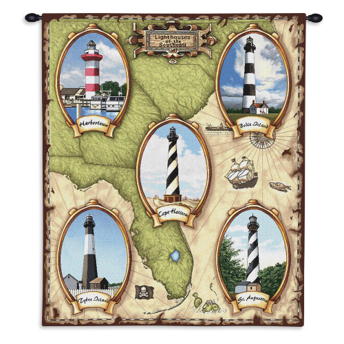 Lighthouses of the Southeast II | Woven Tapestry Wall Art Hanging | American Atlantic Coast Lighthouse Map | 100% Cotton USA Size 34x26 Wall Tapestry