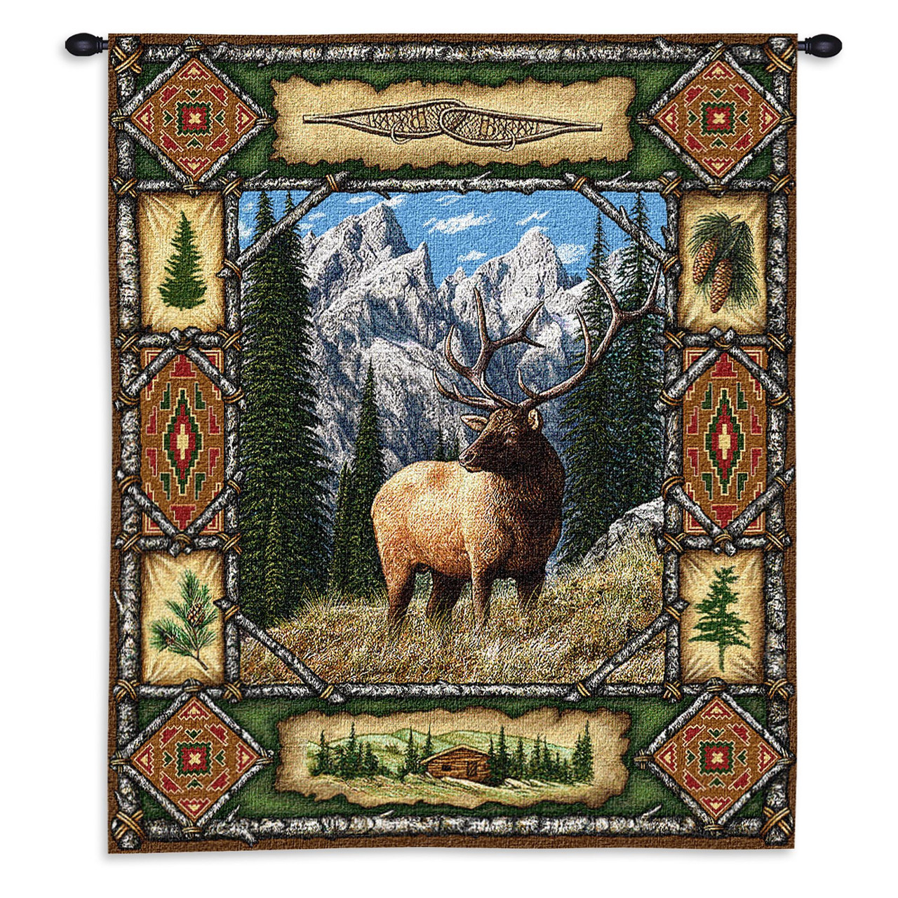 Elk Lodge Woven Tapestry Wall Art Hanging Ornate Rustic Hunting