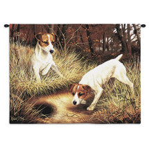 Jack Russell Terrier by Robert May | Woven Tapestry Wall Art Hanging | Pair of Dogs Exploring Forest Oil Painting | 100% Cotton USA Size 34x26 Wall Tapestry