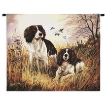 English Springer Spaniel by Robert May | Woven Tapestry Wall Art Hanging | Vibrant Spaniels on Field Oil Painting | 100% Cotton USA Size 34x26 Wall Tapestry