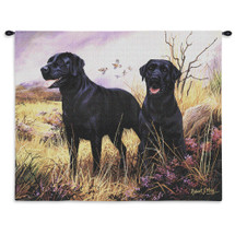 Labrador Retriever Black by Robert May | Woven Tapestry Wall Art Hanging | Black Labs on Field Oil Painting | 100% Cotton USA Size 34x26 Wall Tapestry