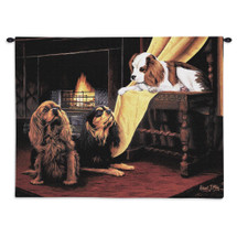 Cavalier King Charles Spaniel by Robert May | Woven Tapestry Wall Art Hanging | Dogs Sitting at Fireplace Oil Painting | Cotton | Made in the USA | Size 34x26 Wall Tapestry