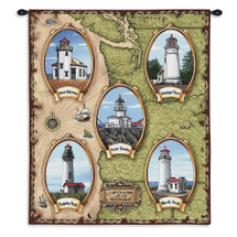 Lighthouses of the Northwest  | Woven Tapestry Wall Art Hanging | American Pacific Coast Lighthouse Map | 100% Cotton USA Size 34x26 Wall Tapestry