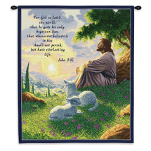 John 3:16 Biblical Passage | Woven Tapestry Wall Art Hanging | Biblical Christian Artwork with Jesus and Lamb | 100% Cotton USA Size 34x26 Wall Tapestry