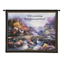 Going Home with Words by James Lee | Woven Tapestry Wall Art Hanging | Cobblestone Bridge through Lush Vibrant Stream | 100% Cotton USA Size 34x26 Wall Tapestry