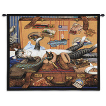 Mabel the Stowaway by Charles Wysocki | Woven Tapestry Wall Art Hanging | American Tourist's Suitcase with Feline Friend - Fun Cat Lover's Gift | Cotton | Made in the USA | Size 34x26 Wall Tapestry