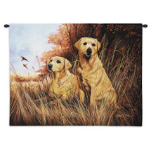 Labrador Retrievers Yellow by Robert May | Woven Tapestry Wall Art Hanging | Dog Pair in Field Oil Painting | Cotton | Made in the USA | Size 34x26 Wall Tapestry