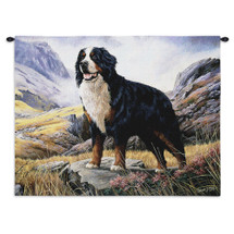 Bernese Mountain Dog by Robert May | Woven Tapestry Wall Art Hanging | Dog Posed on Rocky Landscape Oil Painting | 100% Cotton USA Size 34x26 Wall Tapestry
