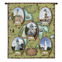 Lighthouses of the Great Lakes II | Woven Tapestry Wall Art Hanging | North American Midwest Lighthouse Map | 100% Cotton USA Size 34x26 Wall Tapestry
