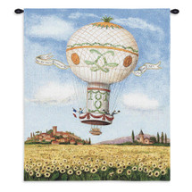 Hot Air Balloon Flight over Sunflowers by Alexandra Churchill | Woven Tapestry Wall Art Hanging | Whimsical French Ride over Village Field | 100% Cotton USA Size 34x26 Wall Tapestry
