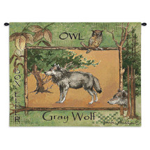 Gray Wolf by Anita Phillips | Woven Tapestry Wall Art Hanging | Stark Rustic Forest Artwork with Owl | 100% Cotton USA Size 34x26 Wall Tapestry