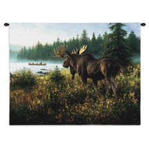 In His Domain by Robert Duncan | Woven Tapestry Wall Art Hanging | Contemplative Bull Moose Standing Quietly on Lake | 100% Cotton USA Size 34x26 Wall Tapestry