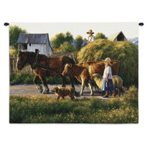 Passing Parade by Robert Duncan | Woven Tapestry Wall Art Hanging | Farm Animals with Family Hay Wagon | 100% Cotton USA Size 34x26 Wall Tapestry
