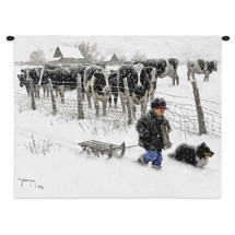 Curious Onlookers by Robert Duncan | Woven Tapestry Wall Art Hanging | Cows Watching Boy Walk with Dog | 100% Cotton USA Size 34x26 Wall Tapestry