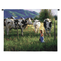 Anniken and Cows by Robert Duncan | Woven Tapestry Wall Art Hanging | Farm Girl with Cows on Majestic Mountainous Countryside | 100% Cotton USA Size 34x26 Wall Tapestry