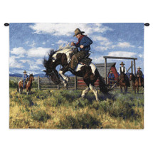 Rough Start | Woven Tapestry Wall Art Hanging | Western Cowboy Equestrian Taming Scene | 100% Cotton USA Size 34x26 Wall Tapestry