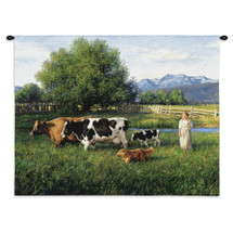 Country Girl | Woven Tapestry Wall Art Hanging | Farm Animal Scene on Majestic Mountain Landscape | Cotton | Made in the USA | Size 34x26 Wall Tapestry