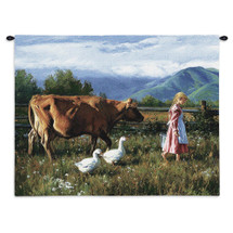 Morning Walk by Robert Duncan | Woven Tapestry Wall Art Hanging | Young Girl with Farm Animals on Majestic Countryside | 100% Cotton USA Size 34x26 Wall Tapestry