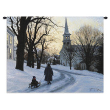 Winter's Eve | Woven Tapestry Wall Art Hanging | Mother and Child Winter Stroll near Church Steeple | Cotton | Made in the USA | Size 34x26 Wall Tapestry