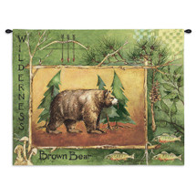 Brown Bear by Anita Phillips | Woven Tapestry Wall Art Hanging | Stark Rustic Forest Artwork with Trout and Mushrooms | 100% Cotton USA Size 34x26 Wall Tapestry