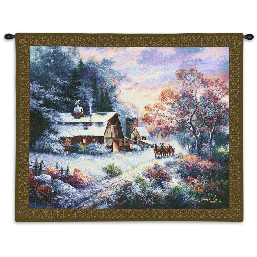 Snowy Evening by James Lee | Woven Tapestry Wall Art Hanging | Horse Drawn Sleigh at Winter Cottage Landscape | Cotton | Made in the USA | Size 34x26 Wall Tapestry
