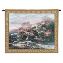 Old Mill Creek by James Lee | Woven Tapestry Wall Art Hanging | Peaceful Riverside Forest Village with Train | Cotton | Made in the USA | Size 34x26 Wall Tapestry