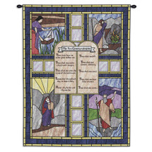 Ten Commandments Stained Glass | Woven Tapestry Wall Art Hanging | Biblical Doctrine on Rich Jewel Toned Stained Glass Religious Scenes | 100% Cotton USA Size 34x26 Wall Tapestry