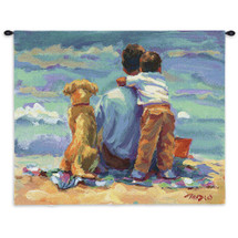 Treasured Moment by Lucelle Raad | Woven Tapestry Wall Art Hanging | Precious Father Son Beach Scene with Dog | 100% Cotton USA Size 36x27 Wall Tapestry