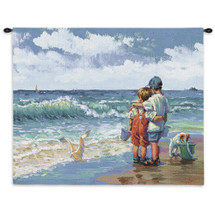 Summer Daze by Lucelle Raad | Woven Tapestry Wall Art Hanging | Children with Puppy on Impressionist Ocean Shore | Cotton | Made in the USA | Size 36x26 Wall Tapestry