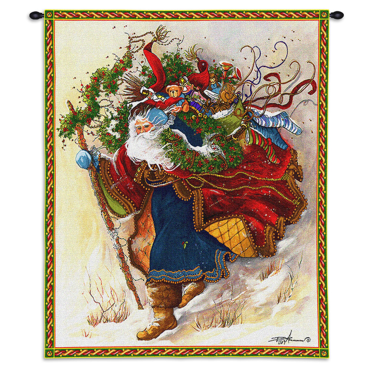 Windswept Santa  Woven Tapestry Wall Art Hanging  Colorful Festive Christmas Theme  Cotton 